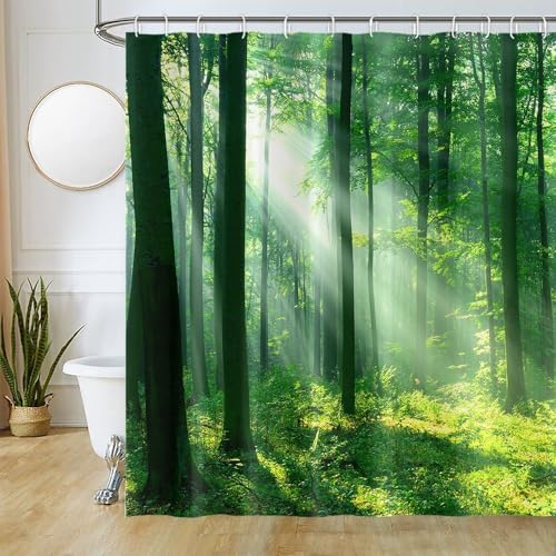 Duschvorhang Waldmotiv, Uiiooazy Duschvorhang Grün Blätter Pflanzen Natur Landschaft Duschvorhäng Anti Schimmel Wasserdicht Polyester Stoff Waschbar Bad Vorhang mit 12 Haken für Badezimmer 180Bx200Hcm von Uiiooazy