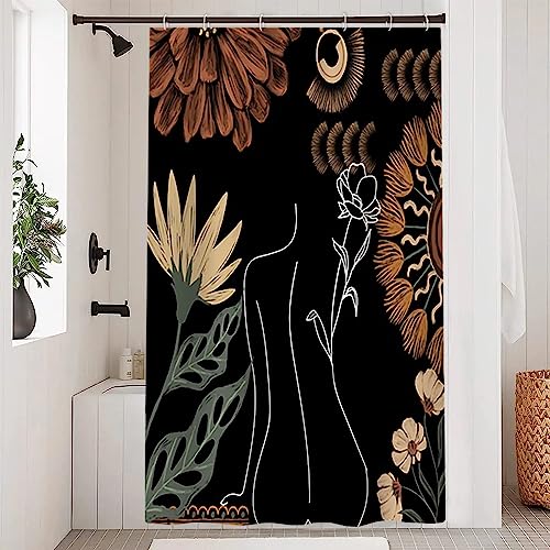 Uiiooazy Duschvorhang Boho Schwarz, Duschvorhang Abstrakt Frau Blumen Minimalistisch Duschvorhänge Anti Schimmel Wasserdicht Polyester Stoff Waschbar Blickdicht Bad Vorhang mit 8 Haken 120Bx180Hcm von Uiiooazy