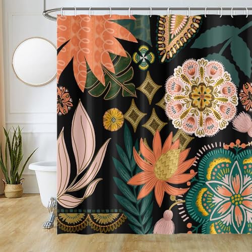 Uiiooazy Duschvorhang Boho Style, Duschvorhang Blumen Rosa Grün Blätter Duschvorhänge Anti Schimmel Wasserdicht Polyester Stoff Waschbar Blickdicht Bad Vorhang mit 12 Haken für Badezimmer 200Bx180Hcm von Uiiooazy