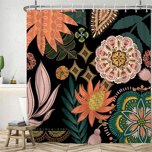 Uiiooazy Duschvorhang Boho Style, Duschvorhang Blumen Rosa Grün Blätter Duschvorhänge Anti Schimmel Wasserdicht Polyester Stoff Waschbar Blickdicht Bad Vorhang mit 12 Haken für Badezimmer 180Bx220Hcm von Uiiooazy