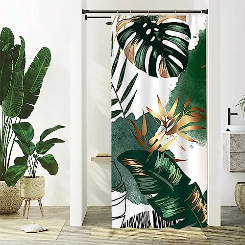 Uiiooazy Duschvorhang Boho Style, Duschvorhang Grün Gold Palmenblätter Dschungel Pflanzen Schmal Duschvorhäng Anti Schimmel Wasserdicht Polyester Stoff Waschbar Bad Vorhang mit 6 Haken 90Bx180Hcm von Uiiooazy