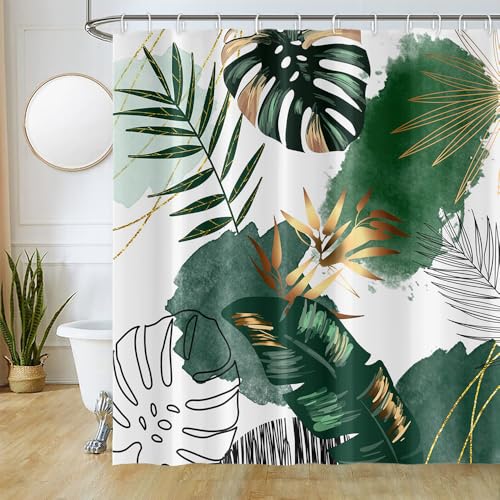 Uiiooazy Duschvorhang Boho Style, Duschvorhang Grün Gold Palmenblätter Tropische Duschvorhänge Anti Schimmel Wasserdicht Polyester Stoff Waschbar Bad Vorhang mit 12 Haken für Badezimmer 180Bx180Hcm von Uiiooazy