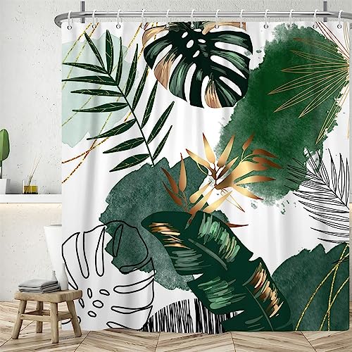 Uiiooazy Duschvorhang Boho Style, Duschvorhang Grün Gold Palmenblätter Tropische Duschvorhänge Anti Schimmel Wasserdicht Polyester Stoff Waschbar Bad Vorhang mit 12 Haken für Badezimmer 180Bx200Hcm von Uiiooazy