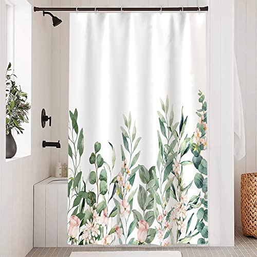 Uiiooazy Duschvorhang Eukalyptus Blätter, Duschvorhang Blumen Rosa Duschvorhäng Schmmel Resistant Wasserabweisend Polyester Stoff Waschbar Schmal Bad Vorhang mit 8 Haken für Badezimmer 120Bx180Hcm von Uiiooazy