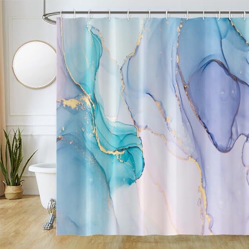 Uiiooazy Duschvorhang Marmor Blau, Duschvorhang Türkis Gold Abstrakt Lila Violett Duschvorhäng Anti Schimmel Wasserdicht Polyester Stoff Waschbar Bad Vorhang mit 12 Haken für Badezimmer 240Bx180Hcm von Uiiooazy