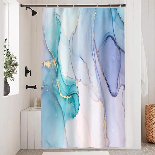 Uiiooazy Duschvorhang Marmor Blau, Duschvorhang Türkis Gold Abstrakt Lila Violett Duschvorhäng Anti Schimmel Wasserdicht Polyester Stoff Waschbar Bad Vorhang mit 8 Haken für Badezimmer 120Bx180Hcm von Uiiooazy