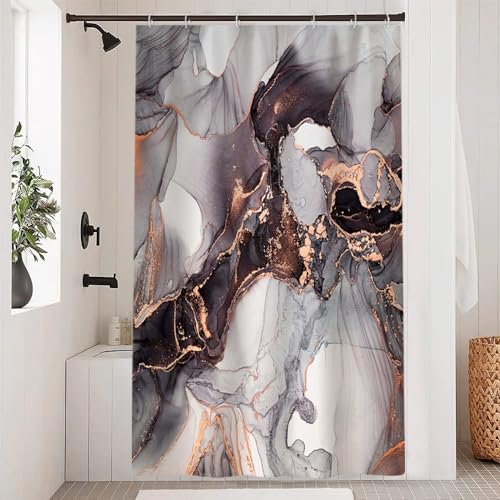 Uiiooazy Duschvorhang Marmor Optik, Duschvorhang Abstrakte Schwarz Gold Marmoriert Kunst Duschvorhänge Anti Schimmel Wasserdicht Polyester Stoff Waschbar Bad Vorhang mit Haken für Badewanne 120x200cm von Uiiooazy