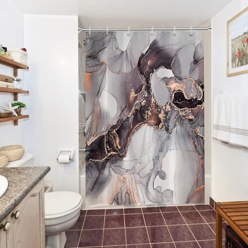 Uiiooazy Duschvorhang Marmor Optik, Duschvorhang Abstrakte Schwarz Gold Marmoriert Kunst Duschvorhänge Anti Schimmel Wasserdicht Polyester Stoff Waschbar Bad Vorhang mit Haken für Badewanne 150x180cm von Uiiooazy