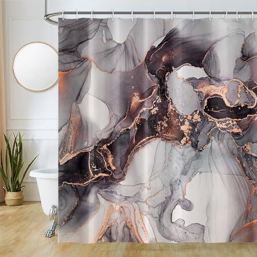 Uiiooazy Duschvorhang Marmor Optik, Duschvorhang Abstrakte Schwarz Gold Marmoriert Kunst Duschvorhänge Anti Schimmel Wasserdicht Polyester Stoff Waschbar Bad Vorhang mit Haken für Badewanne 180x200cm von Uiiooazy