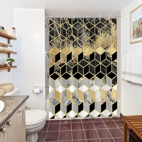 Uiiooazy Duschvorhang Schwarz Gold, Duschvorhang Marmor Grau Klein Geometrisches Muster Duschvorhäng Anti Schimmel Wasserdicht Polyester Stoff Waschbar Blickdicht Bad Vorhang mit 10 Haken 150Bx180Hcm von Uiiooazy