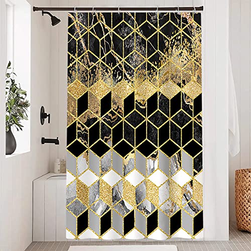 Uiiooazy Duschvorhang Schwarz Gold, Duschvorhang Marmor Grau Klein Geometrisches Muster Duschvorhäng Anti Schimmel Wasserdicht Polyester Stoff Waschbar Blickdicht Bad Vorhang mit 8 Haken 120Bx180Hcm von Uiiooazy