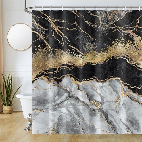 Uiiooazy Duschvorhang Schwarz Gold, Duschvorhang Marmor Optik Grau Abstrakt Duschvorhäng Anti Schimmel Wasserdicht Polyester Stoff Waschbar Bad Vorhang mit 12 Haken für Badezimmer 180Bx220Hcm von Uiiooazy