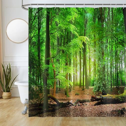 Uiiooazy Duschvorhang Wald, Duschvorhang Grün Blätter Baum Landschaft Duschvorhänge Anti Schimmel Wasserdicht Polyester Stoff Waschbar Blickdicht Bad Vorhang mit 12 Haken für Badezimmer 240Bx180Hcm von Uiiooazy