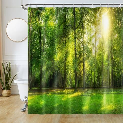 Uiiooazy Duschvorhang Wald, Duschvorhang Grün Blätter Pflanzenmotiv Duschvorhänge Anti Schimmel Wasserdicht Polyester Stoff Waschbar Blickdicht Bad Vorhang mit 12 Haken für Badezimmer 240Bx180Hcm von Uiiooazy