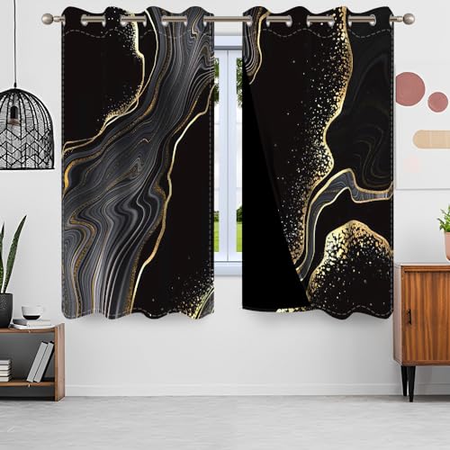 Uiiooazy Gardinen Marmor Optik, Vorhang Schwarz Gold Marmoriert Abstrakte Kunst Moderne Vorhänge Blickdicht Polyester Gardine Verdunklungsvorhänge für Wohnzimmer Schlazimmer Fenster Balkon 140x145cm von Uiiooazy