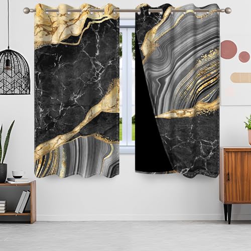 Uiiooazy Gardinen Marmoroptik, Vorhang Blickdicht Abstrakte Schwarz Grau Marmoriert Vorhänge Polyester Gardinen mit Ösen Verdunklungsvorhänge für Wohnzimmer Schlazimmer Fenster, 2er Set, 140x225cm von Uiiooazy