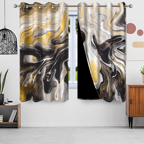 Uiiooazy Gardinen Marmoroptik, Vorhang Schwarz Gold Marmoriert Blickdicht Moderne Vorhänge Polyester Gardinen mit Ösen Verdunklungsvorhänge für Wohnzimmer Schlazimmer Fenster, 2er Set, 140x175cm von Uiiooazy