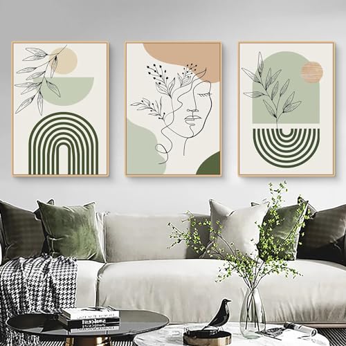 Uixxducc 3er Boho Bilder Set, Abstrakte Boho Strichzeichnung Pflanze Poster Set, Grüne Blätter Wandbilder Wohnzimmer Moderne Boho Wanddekoration Bilder, Ohne Rahmen (A,50x70cm) von Uixxducc