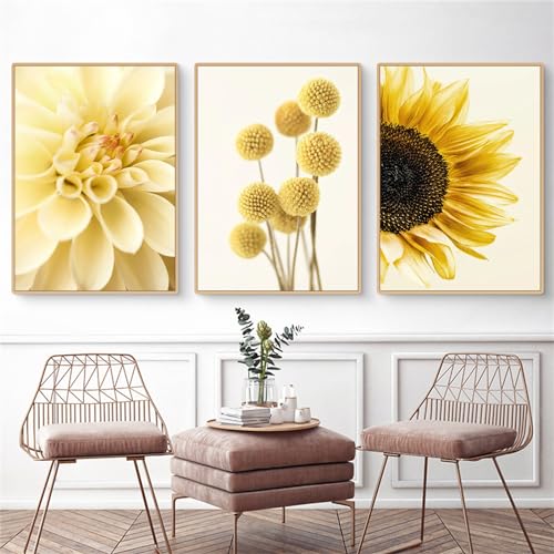 Uixxducc 3er Modern Poster Set, Gelb Sonnenblume Bilder Blumen Blätter Wandbilder, Stilvolle Leinwandbilder, Ohne Rahmen Kunst Bilder für Wohnzimmer Schlafzimmer (C,50x70cm) von Uixxducc