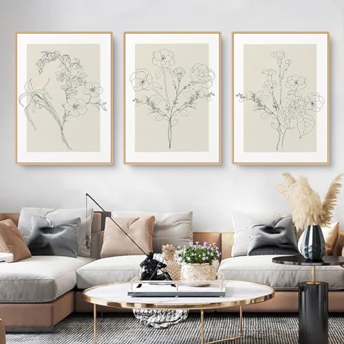 Uixxducc Blumen Bilder Wohnzimmer Poster 3er Set Einfachheit Linie Blumen Wandbilder Kunstposter Boho Wanddeko Aesthetic Bilder Leinwand Ohne Rahmen (50 x 70 cm/ 19.7 x 27.5 in) von Uixxducc