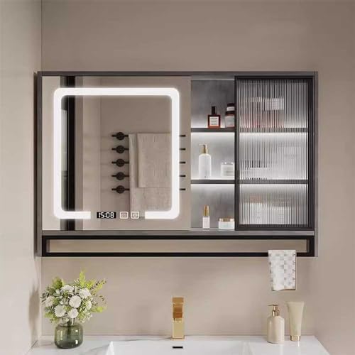 UkewEi 100 * 70 * 12cm Wandschrank für Badezimmer, Beschlagfrei Spiegelschrank mit Licht LED, Uhr, Smart Touchschalter, 2 Türen, Handtuchhalter (Color : Black, Size : 70 * 70 * 12cm) von UkewEi