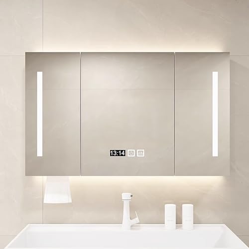 UkewEi LED Badezimmerschrank mit Beleuchtung, Dimmbar, Beschlagfrei Spiegelschrank Bad mit Beleuchtet, Touch-Schalter, Uhr, Wand Montierter Intelligent Hängeschrank mit Stauraum (Color : B, Size : 1 von UkewEi