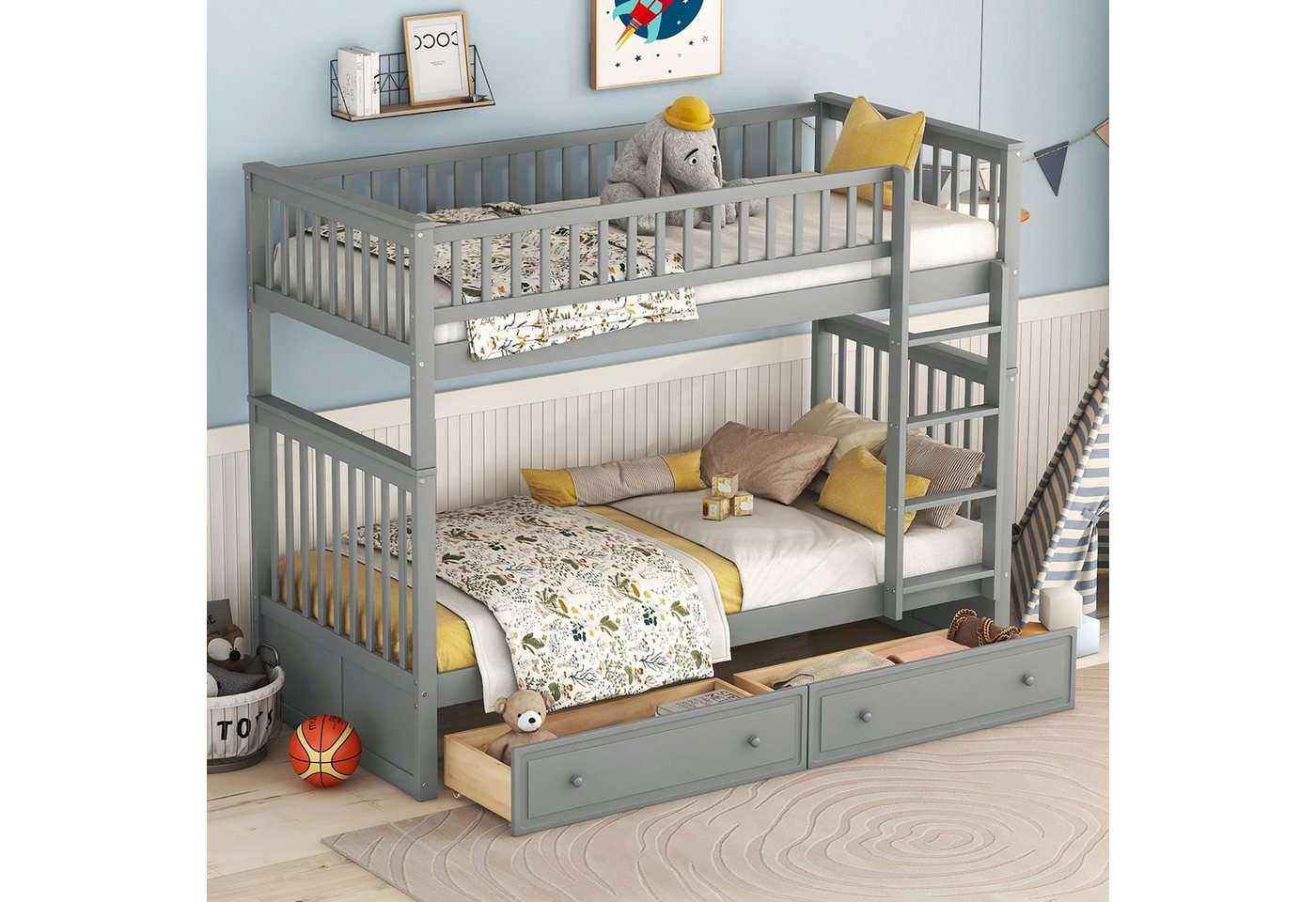 Ulife Etagenbett Cabrio-Betten Kinderbett in 2 Einzelbetten umwandelbar, 2 Schublade, 90 X 200 cm von Ulife