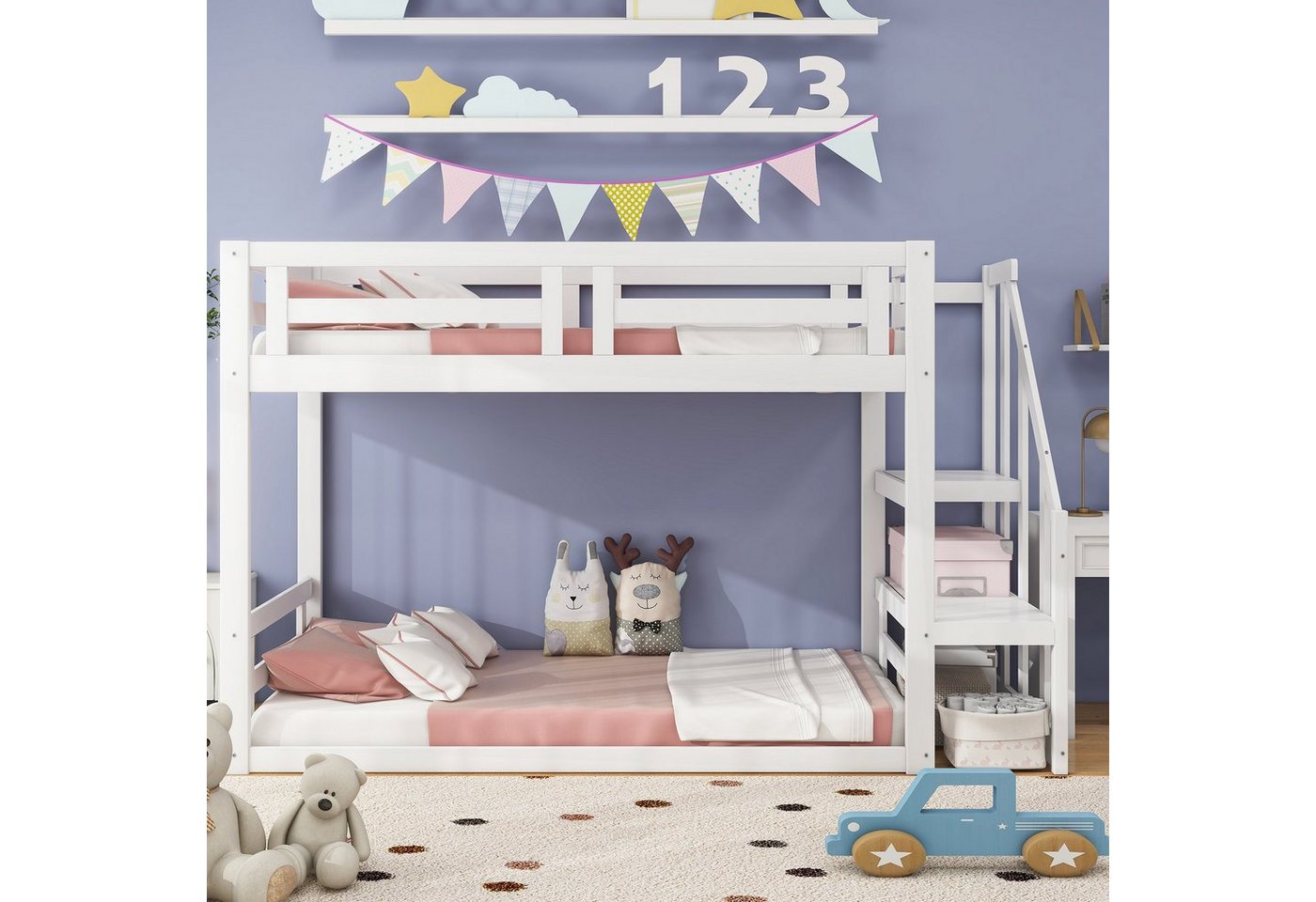 Ulife Etagenbett Niedriges Kinderbett mit Sicherheitstreppe, Lattenrost, Massivholz,90x200cm von Ulife