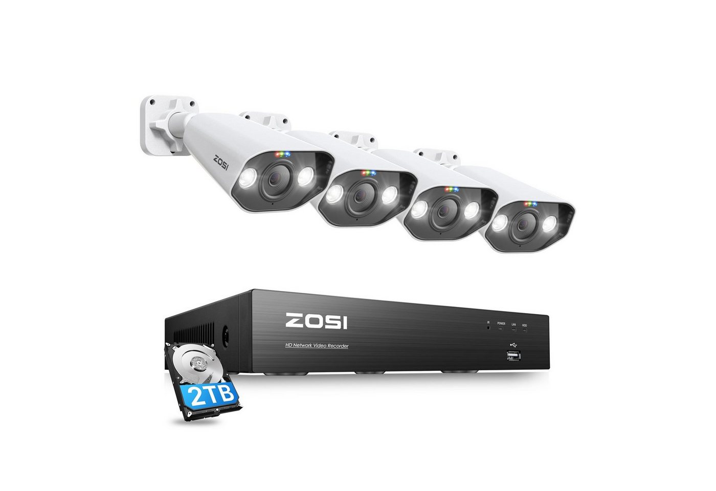 ZOSI C182 8MP, Unterstützt 8CH PoE IPC adaptiven Zugang Überwachungskamera (Außenbereich, Innenbereich, Set, 4-tlg., IP66 wasser- und staubdicht, 2-Wege-Sprachfunktion, Integrierte Sirene) von ZOSI