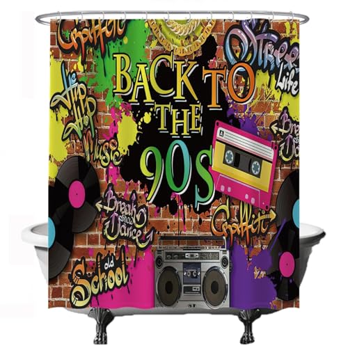 Ulticool Duschvorhang – 90er Party Vintage Graffiti Nineties Kassetten - 180 x 200 cm - Waschbar - Anti Schimmel - mit 12 Ringen - Mehrfarbig von Ulticool
