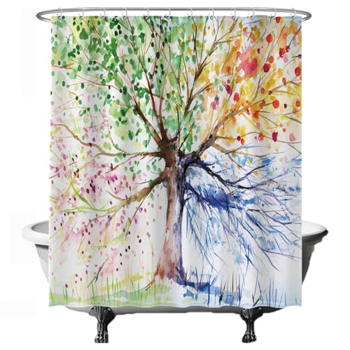 Ulticool Duschvorhang - Baum des Lebens 4 Jahreszeiten Aquarell - 180 x 200 cm – Anti Schimmel - Waschbar – Wasserdicht - mit 12 Ringe - Grün Blau Gelb Rosa von Ulticool