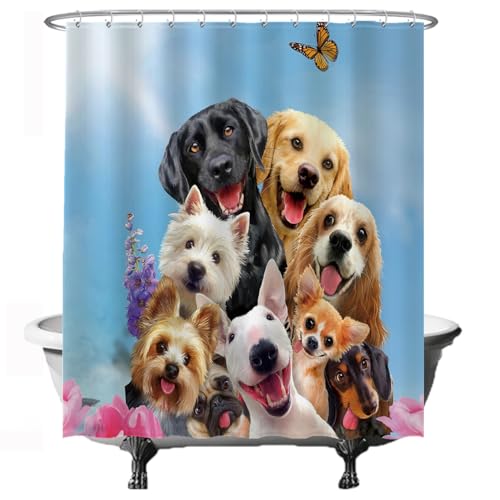 Ulticool Duschvorhang - Hund Tiere Hunde - 180 x 200 cm – Waschbar – Wasserdicht - Anti Schimmel - mit 12 Ringe - Blau Braun Schwarz Weiß von Ulticool