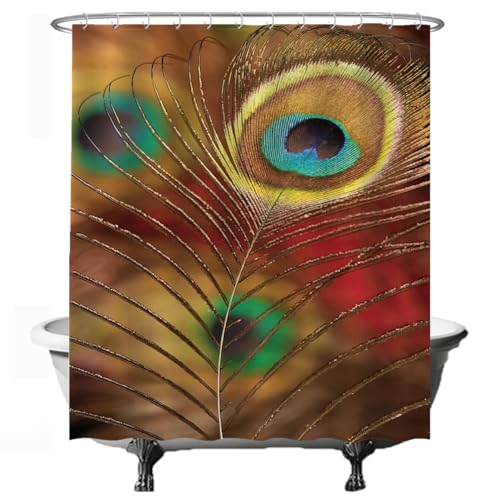 Ulticool Duschvorhang - Pfauenfedern Vogel Tier - 180 x 200 cm - Waschbar - Anti Schimmel - mit 12 Ringen - Beige Gelb Rot von Ulticool