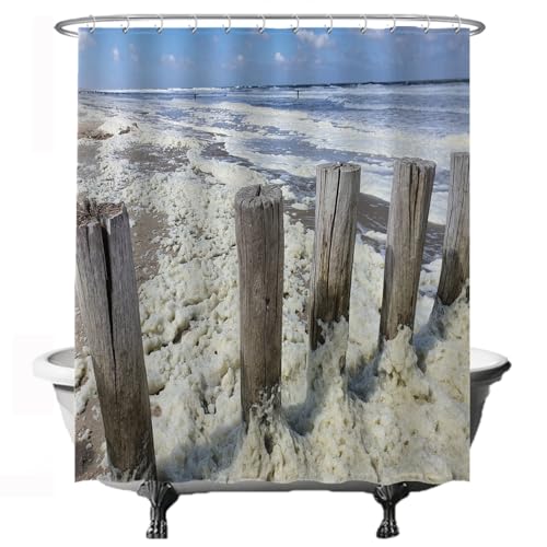 Ulticool Duschvorhang - Strand Meer Cust Niederlande - 180 x 200 cm - waschbar - Anti Schimmel - mit 12 Ringen - Weiß Blau Beige von Ulticool