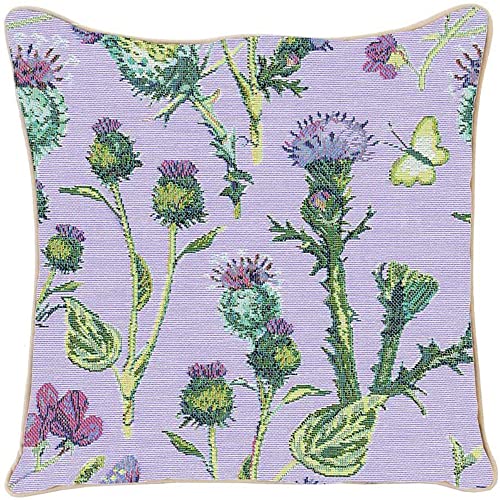 Ulticool - Kissenhülle - Distel Blumen Schmetterling Natur - Jacquard Gobelin Stoff - Exklusive Kissenfüllung - Dekokissen 45x45 cm - Kissen Sofa zur Dekoration Wohnzimmer - Lila Violett Grün von Ulticool