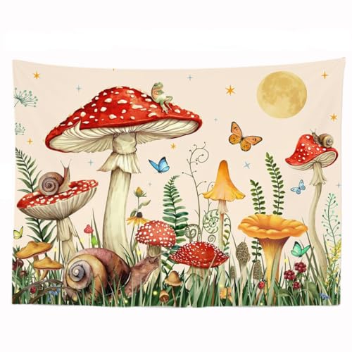 Ulticool – Pilz Schmetterling Schnecke Kinderzimmer – Wandteppich – 200 x 150 cm – großer Wandteppich – Poster – Beige Rot Gelb Grün von Ulticool