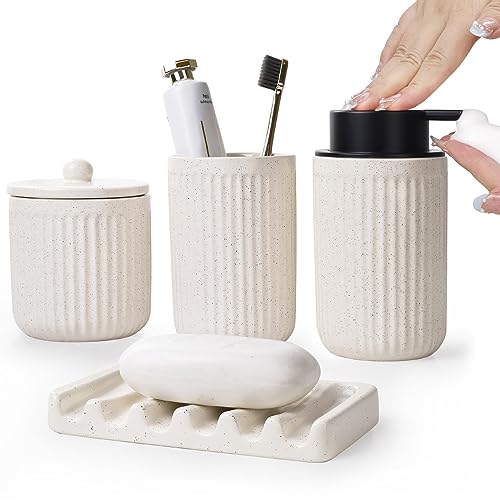 Badezimmer Set Beige UMLACA Bad Zubehör Keramik 4-Teiliges Enthält 350ml Schaumseifenspender,Zahnputzbecher,Seifenschale,Wattestäbchen Behälter,Edle Badezimmer Deko von Umlaca