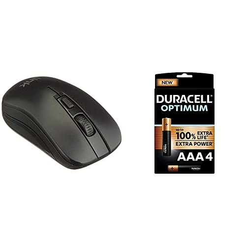 Link Kabellose Maus mit 3 Tasten, USB-Empfänger, 1000 DPI, Schwarz + Duracell NEU Optimum AAA Micro Alkaline Batterien, 1.5V LR03 MX2400, 4er-Pack von Link