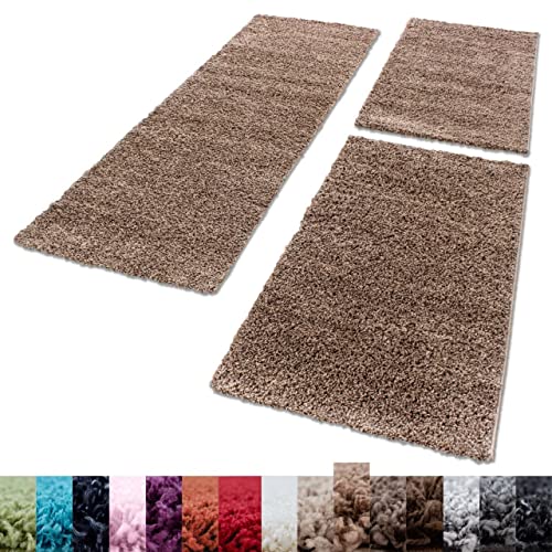 SIMPEX Shaggy Hochflor Teppich Carpet 3TLG Bettumrandung Läufer Set Schlafzimmer Flur, Farbe:Mocca, Bettset:2x60x110+1x80x150 von Unbekannt