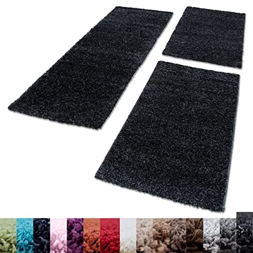 Unbekannt Shaggy Hochflor Teppich Carpet 3TLG Bettumrandung Läufer Set Schlafzimmer Flur, Farbe:Anthrazit, Bettset:2x60x110+1x80x150 von Unbekannt