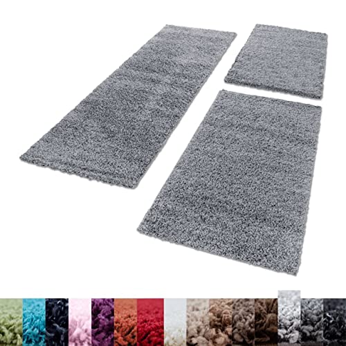 Unbekannt Shaggy Hochflor Teppich Carpet 3TLG Bettumrandung Läufer Set Schlafzimmer Flur, Farbe:Hellgrau, Bettset:2x60x110+1x80x150 von Unbekannt