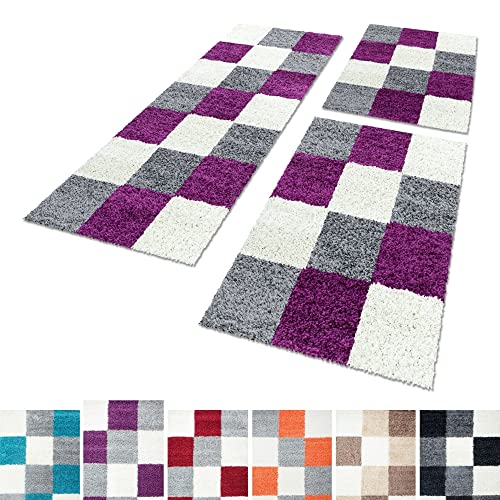 Unbekannt Shaggy Hochflor Teppich Carpet 3TLG Bettumrandung Läufer Set Schlafzimmer Flur, Farbe:Lila, Bettset:2x60x110+1x80x150 von Unbekannt