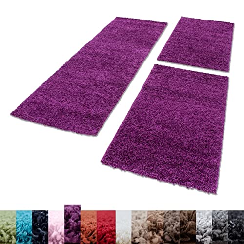 Unbekannt Shaggy Hochflor Teppich Carpet 3TLG Bettumrandung Läufer Set Schlafzimmer Flur, Farbe:Lila, Bettset:2x60x110+1x80x150 von Unbekannt