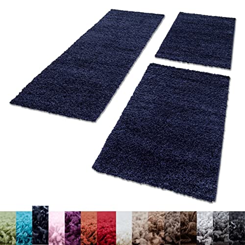 Unbekannt Shaggy Hochflor Teppich Carpet 3TLG Bettumrandung Läufer Set Schlafzimmer Flur, Farbe:Marineblau, Bettset:2x60x110+1x80x150 von Unbekannt