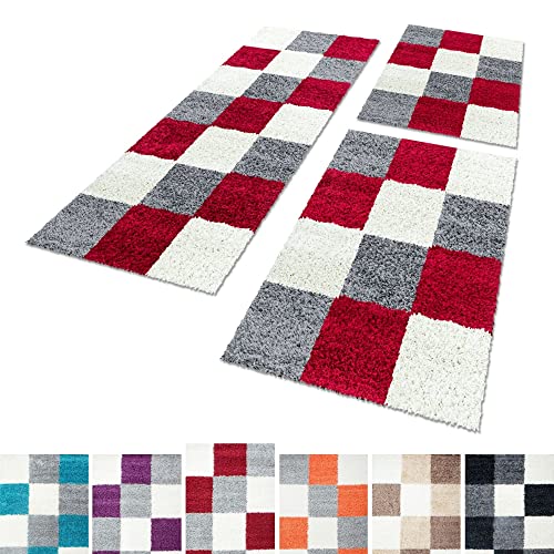 Unbekannt Shaggy Hochflor Teppich Carpet 3TLG Bettumrandung Läufer Set Schlafzimmer Flur, Farbe:Rot, Bettset:2x60x110+1x80x150 von Unbekannt