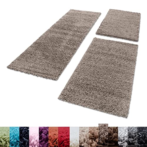 Unbekannt Shaggy Hochflor Teppich Carpet 3TLG Bettumrandung Läufer Set Schlafzimmer Flur, Farbe:Taupe, Bettset:2x60x110+1x80x150 von Unbekannt