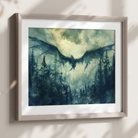 Grüner Drache Aquarell Kunst Horizontales Poster Drucken Fantasy Art Wald Und Ein Gemälde, Illustration Dark Academia von UncoloredX12