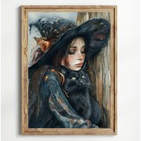 Hexe Und Schwarze Katze, Halloween Hexenkatze Kunstdruck, Dark Academia Kunst, Hexenwandkunst, Hexendekor, Wandkunst, Gothic von UncoloredX12