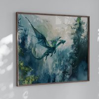 Walddrache Aquarell Kunst Horizontal Poster Druck Fantasy Wald Und Ein Drache Gemälde, Illustration Dark Academia von UncoloredX12