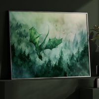 Walddrache Aquarell Kunst Horizontales Poster Druck Fantasy Wald Und Ein Drache Gemälde, Illustration Dark Academia von UncoloredX12